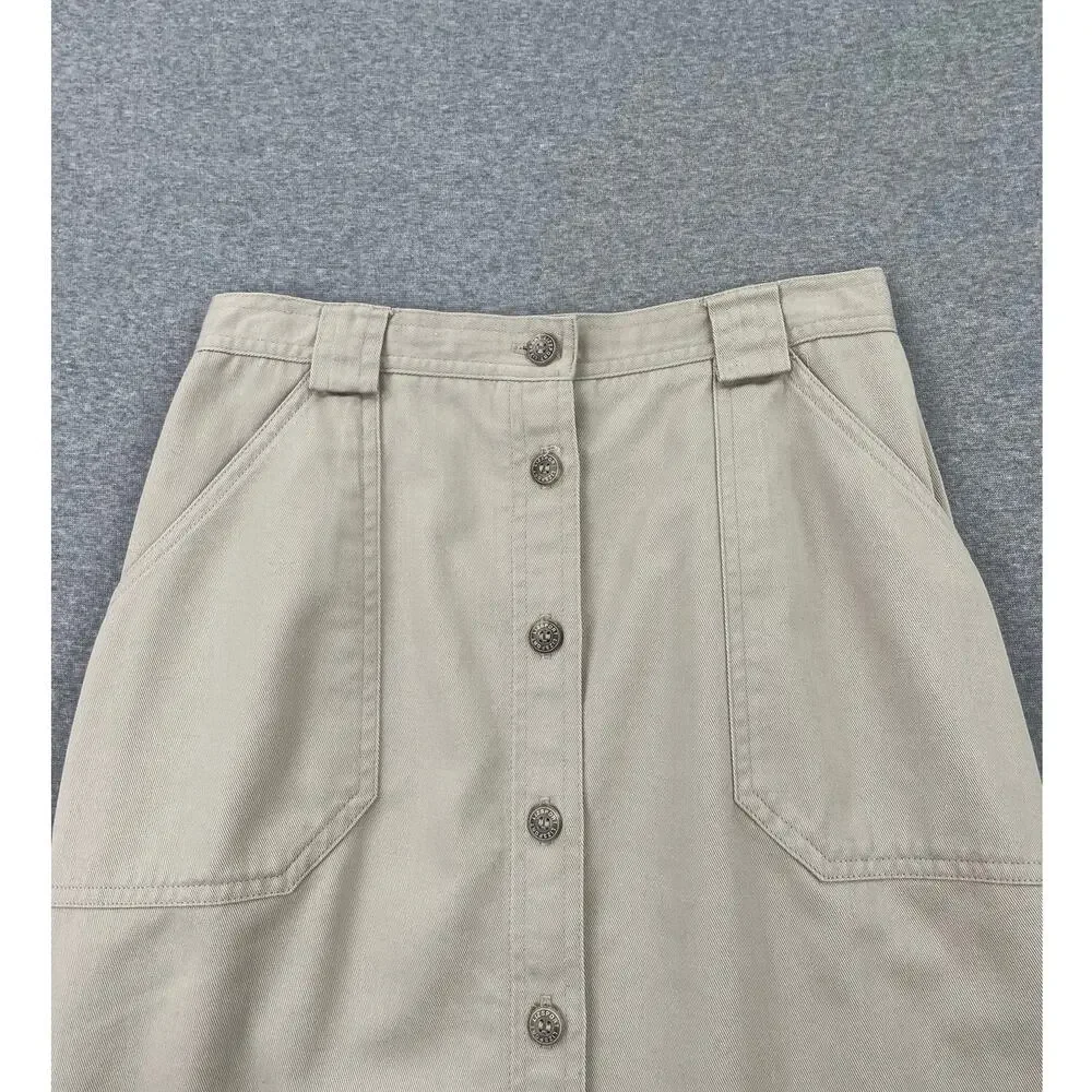 Vintage y2k Liz Claiborne Button-Up Midi Skirt 6P Khaki Tan 100% Cotton Preppy